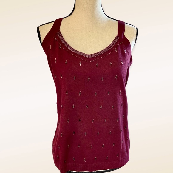 Lane Bryant Womens Wine Red Beaded Sequin Sparkle Knit Sleeveless Top 14 16 - Picture 4 of 9